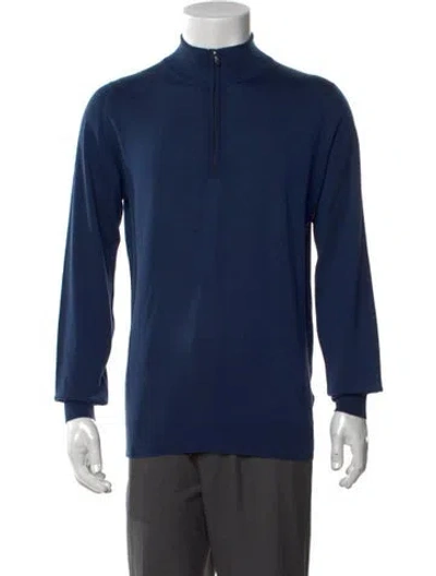 Pre-owned John Smedley Mock Neck Long Sleeve Pullover In Blue