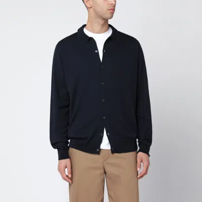 John Smedley Navy Wool Cardigan In Blue