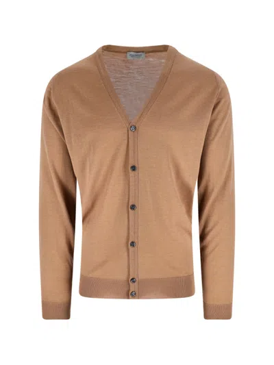 John Smedley V-neck Long Sleeve Ribbed Knit Sweater In Brown
