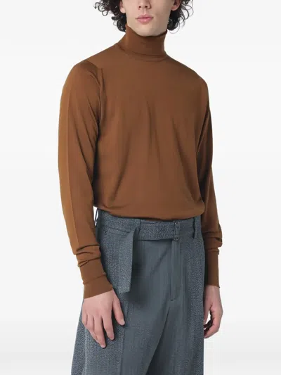 John Smedley Wool Turtleneck Sweater Long Sleeves Ribbed Cuffs In Brown