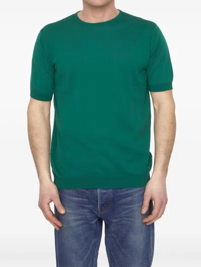 John Smedley Crewneck Short-sleeved Cotton Jumper With Ribbed Finishes In Green