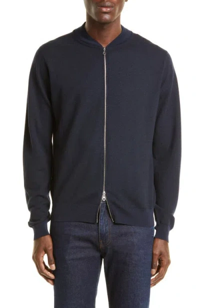John Smedley Singular Full Zip Wool Sweater In Blue