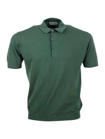 John Smedley Short-sleeved Polo Shirt In Extrafine Piqué Cotton Thread With Three Buttons In Green