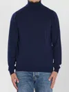 John Smedley Turtleneck Merino Wool Pullover With Ribbed Cuffs In Blue