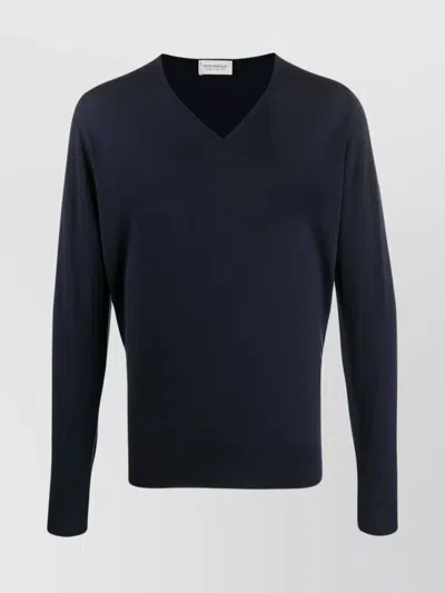 John Smedley V-neck Long Sleeve Ribbed Sweater In Blue