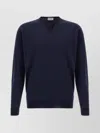 John Smedley V-neck Sweater With Ribbed Cuffs And Hem In Blue