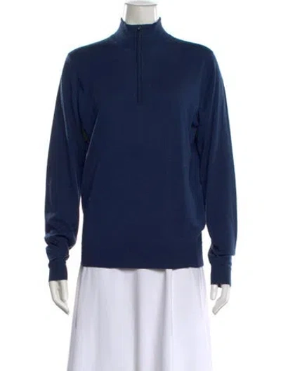 Pre-owned John Smedley Wool Mock Neck Sweater In Blue