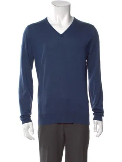 Pre-owned John Smedley Wool V-neck Pullover In Blue