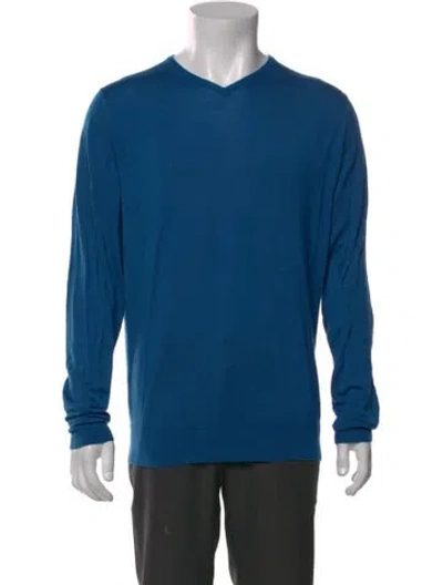 Pre-owned John Smedley Wool V-neck Pullover In Blue
