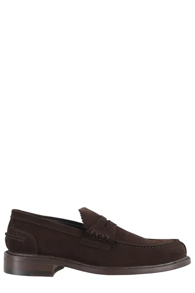 John Spencer Almond Toe Suede Moccasin Shoes In Brown