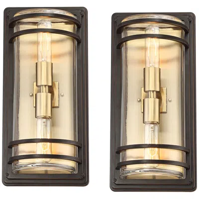 John Timberland Habitat 16" Bronze Brass Outdoor Wall Lights Set Of 2