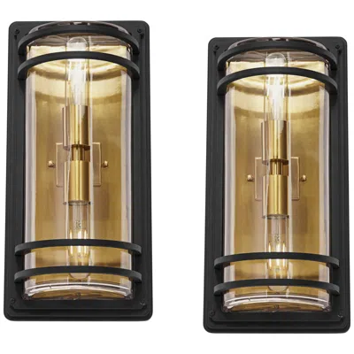 John Timberland Habitat 16" High Black And Warm Brass 2-light Wall Sconce Set Of 2