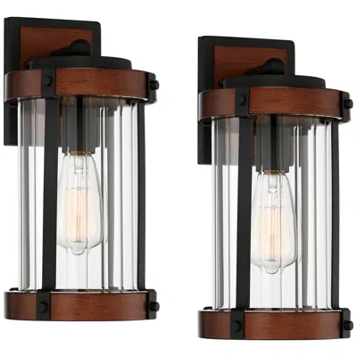 John Timberland Stan 13 3/4" High Black And Dark Wood Outdoor Wall Light Set Of 2