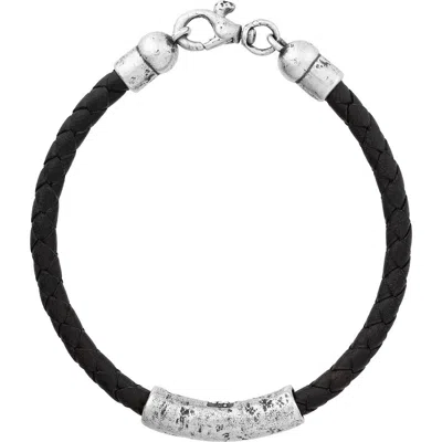 John Varvatos Artisan Id Bar Woven Leather Bracelet In Silver