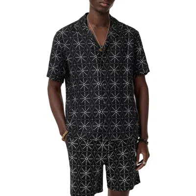 John Varvatos Dan Geometric Linen Camp Shirt In Black