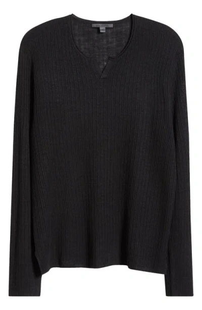 John Varvatos Egor Notch Neck Long Sleeve Rib Linen Blend Henley In Black