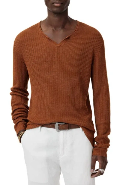 John Varvatos Egor Notch Neck Long Sleeve Rib Linen Blend Henley In Hazelnut