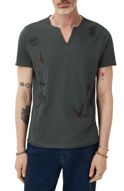 John Varvatos Embroidered Raw Edge Notch Neck Organic Cotton T-shirt In Dried Sage
