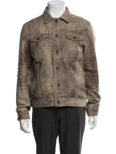 Pre-owned John Varvatos Lamb Leather Trucker Jacket In Black/green