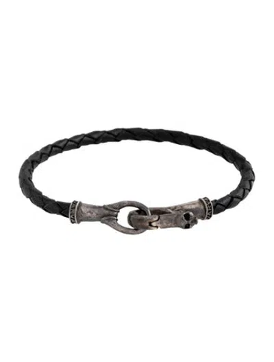 Pre-owned John Varvatos Leather Braided Skull Wrap Bracelet In Black