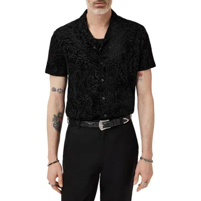 John Varvatos Matera Frond Jacquard Short Sleeve Organic Linen Button-up Shirt In Black