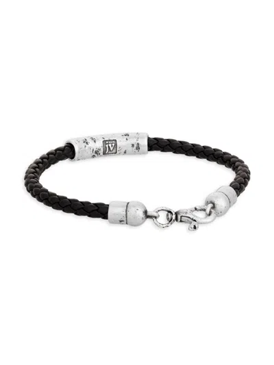 John Varvatos Men's Artisan Logo-detail Sterling Silver Leather Braided Bracelet In Black