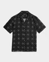 John Varvatos Dan Geometric Linen Camp Shirt In Black