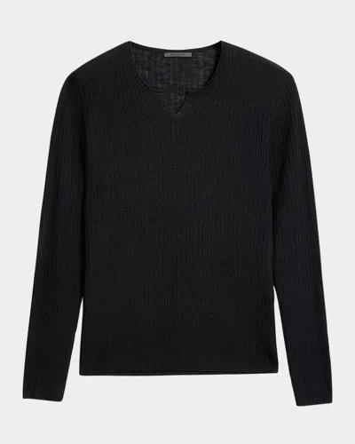 John Varvatos Men's Egor Open-neck Ribbed Henley Shirt In Black