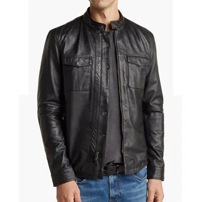 Pre-owned John Varvatos Men's Long Sleeve Steve Leather Shirt Jacket Snap Zip Front Black