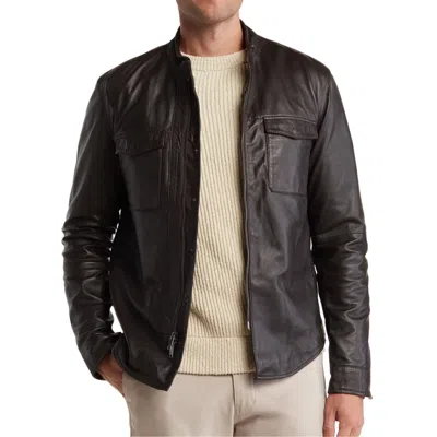Pre-owned John Varvatos Men's Long Sleeve Steve Leather Shirt Jacket Snap Zip Front Brown