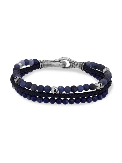John Varvatos Men's Skull Sterling Silver, Lapis Lazuli & Sodalite Triple-strand Beaded Bracelet In Blue
