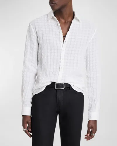 John Varvatos Linen & Cotton Textured Check Slim Fit Button Down Shirt In White