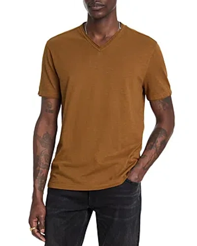 John Varvatos Miles Cotton Textured V Neck Tee In Brown