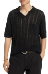 John Varvatos Odin Short Sleeve Textured Linen Johnny Collar Sweater In Black