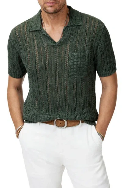 John Varvatos Odin Short Sleeve Textured Linen Johnny Collar Sweater In Moss