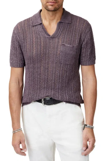 John Varvatos Odin Short Sleeve Textured Linen Johnny Collar Sweater In Plum