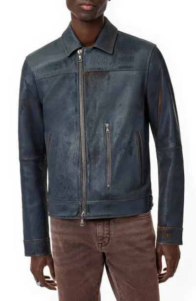 John Varvatos Otis Distressed Leather Moto Jacket In Blue