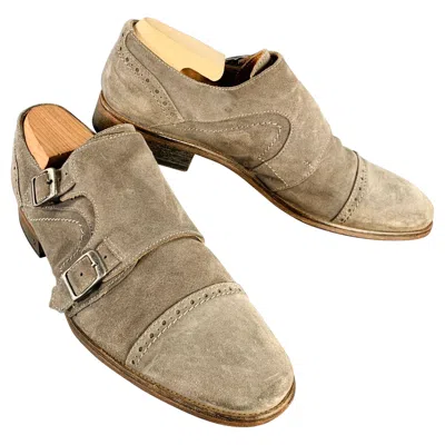 Pre-owned John Varvatos Size 9.5 Grey Suede Perforated Double Monk Strap Loafers In Gray