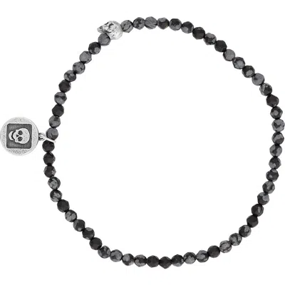 John Varvatos Skull Obsidian Beaded Stretch Bracelet In Black/silver