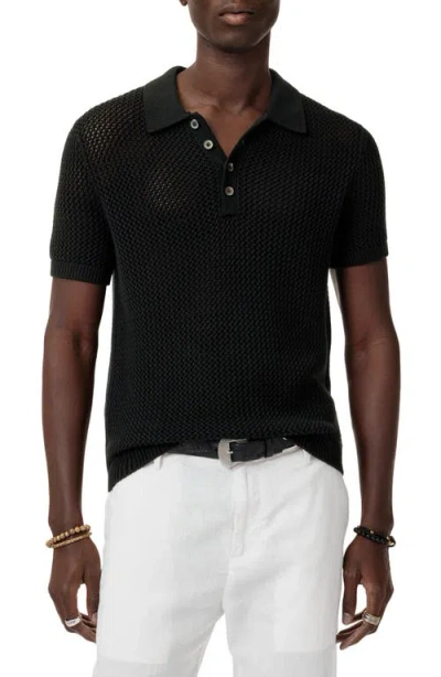 John Varvatos Tapia Openwork Merino & Linen Polo Sweater In Black