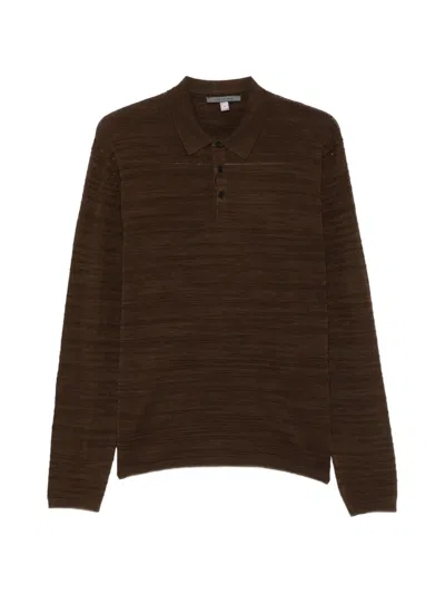John Varvatos Textured Long-sleeve Polo Shirt In Brown