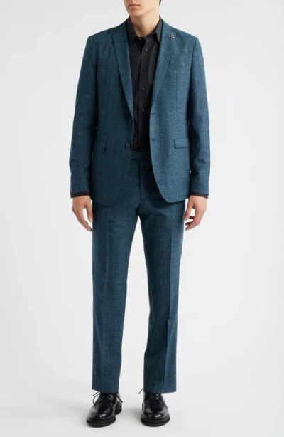 John Varvatos Varick Slim Fit Green Glen Plaid Slub Wool & Linen Blend Suit