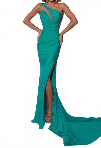 Johnathan Kayne Asymmetric Illusion Cutout Prom Gown In Jade In Blue