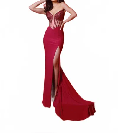 Johnathan Kayne Beaded See-through Corset Prom Gown In Magenta In Red