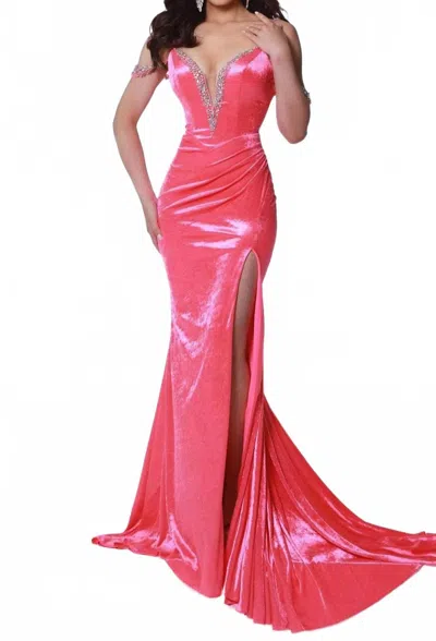 Johnathan Kayne Cold Shoulder Velvet Prom Gown In Neon Pink