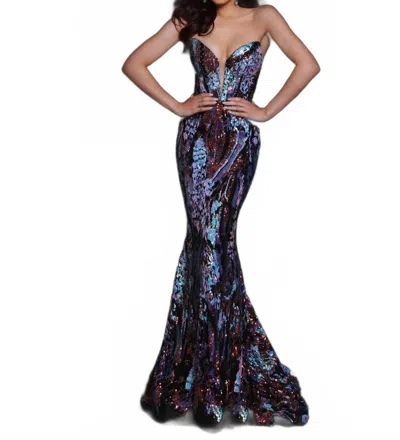 Johnathan Kayne Dazzling Strapless Sequin Prom Gown In Black Multi