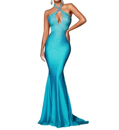 Johnathan Kayne Fitted Halter Prom Dress In Turquoise In Blue