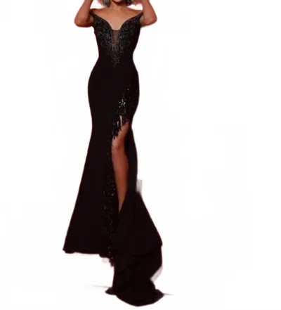 Johnathan Kayne Flirty Plunging Neckline Gown In Black