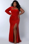 Johnathan Kayne For Sydneys Closet Johnathan Kayne For Sydney's Closet One Shoulder Velvet Long Sleeve Plus Size Evening Gown In Crimson