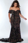 Johnathan Kayne For Sydneys Closet Off The Shoulder Plus Size Sequin Velvet Fitted Formal Gown In Supernova